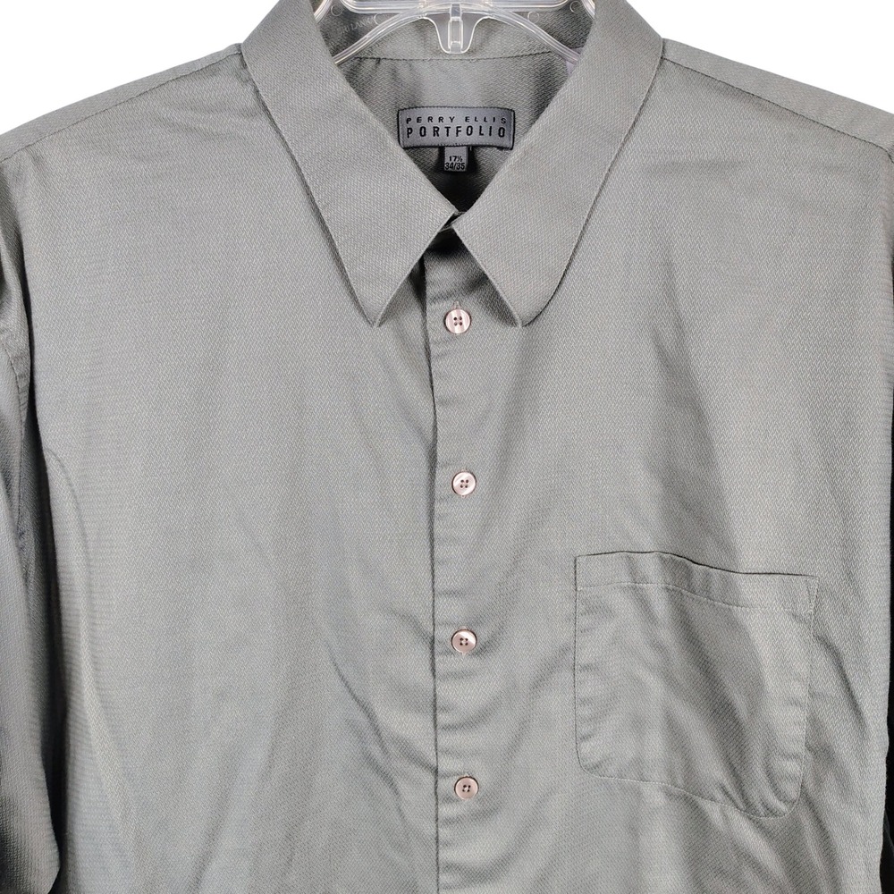Perry Ellis Mens 17.5 34/35 Portfolio Dress Shirt Sage Green Textured Office